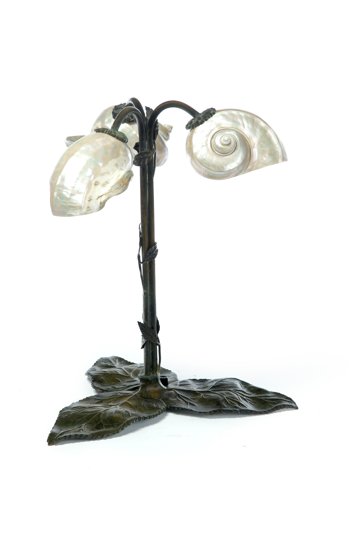 Appraisal: BRONZE TABLE LAMP WITH THREE MOTHER-OF-PEARL SHELL SHADES First quarter-