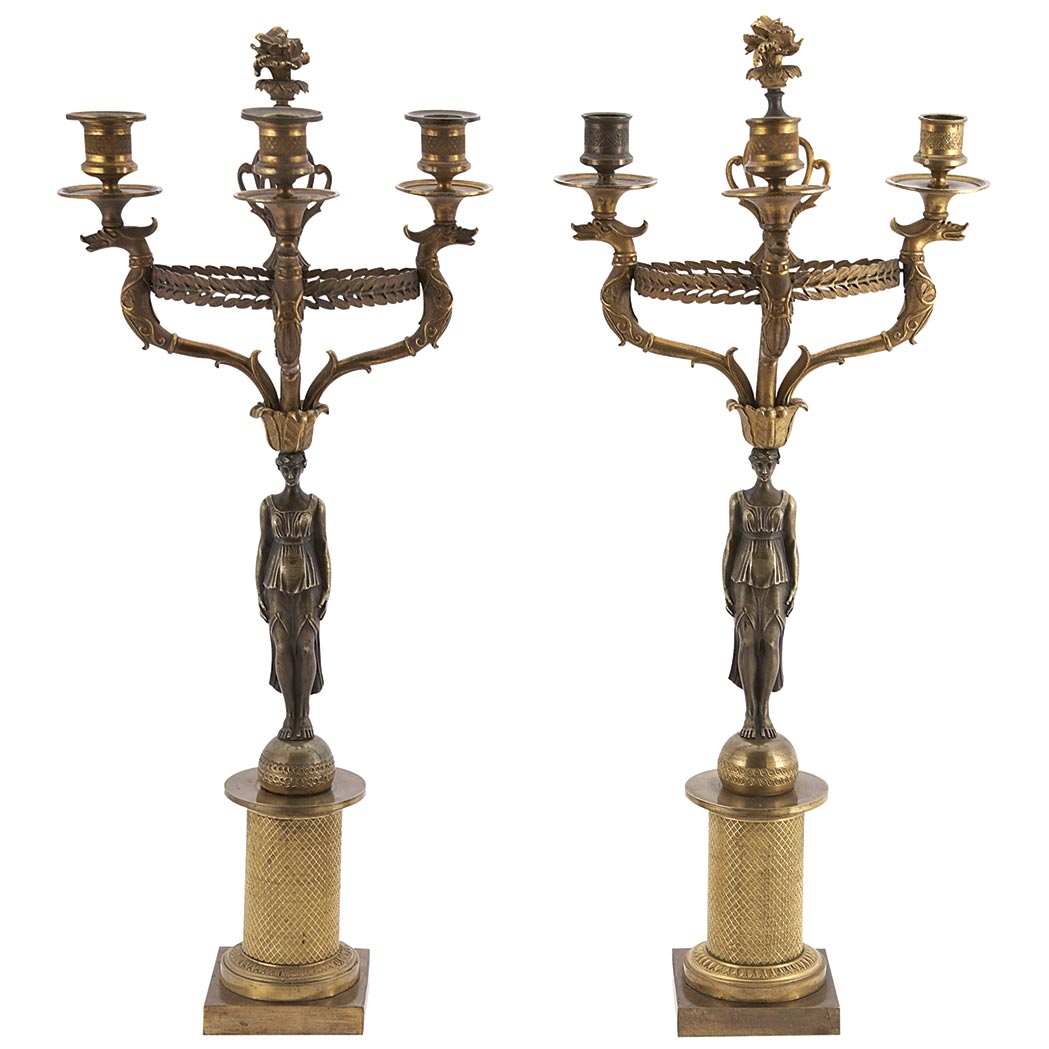 Appraisal: Pair of Empire Style Gilt and Patinated-Bronze Three-Light Candelabra th