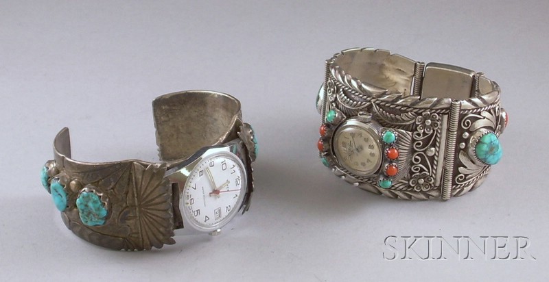 Appraisal: Two Southwest Watch Bands both with inset stones one signed