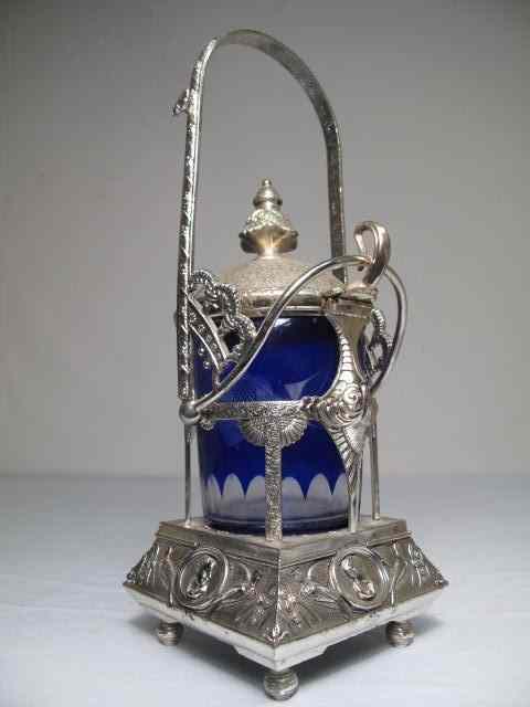 Appraisal: Victorian silver plate pickle castor Cobalt cut glass jar Lid