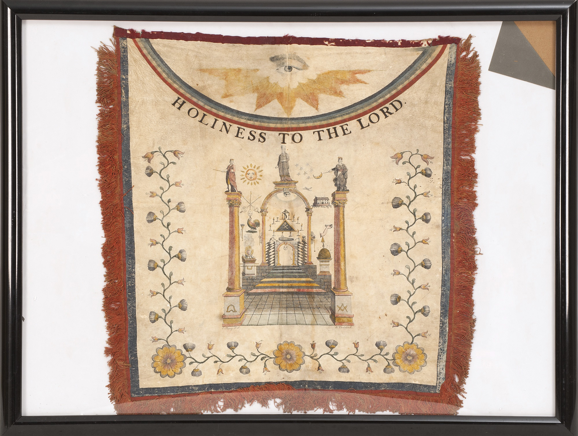 Appraisal: FRAMED MASONIC APRON Circa Polychrome printed decoration on white leather