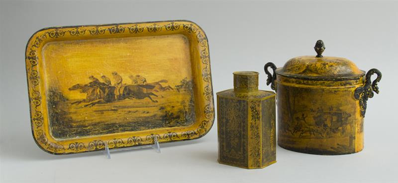 Appraisal: GROUP OF THREE FRENCH YELLOW T LEWARE ARTICLES Including a