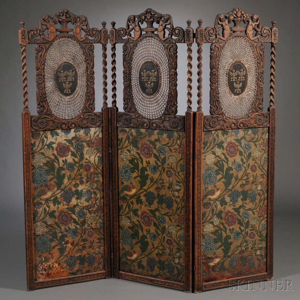 Appraisal: Continental Jacobethan-style Three-panel Carved Oak Caned and Painted Leather Floor