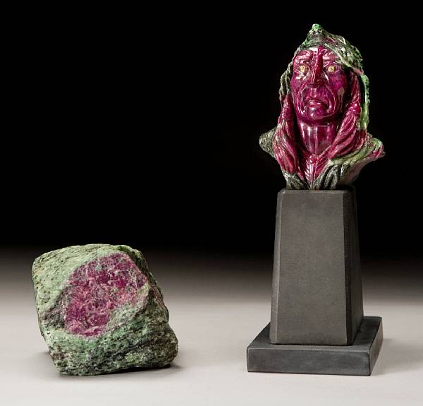 Appraisal: Ruby-in-Zoisite Carving and Rough Specimen Tanzania An ornamental stone found