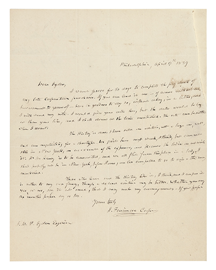 Appraisal: COOPER JAMES FENIMORE Autograph Letter Signed J Fenimore Cooper to