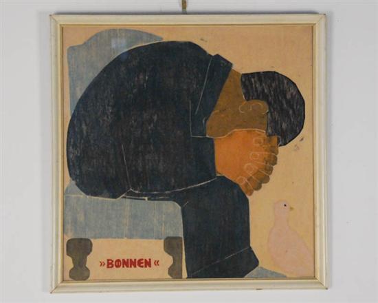 Appraisal: Peter Bonnen - Denmark Man and Bird Woodblock Print H