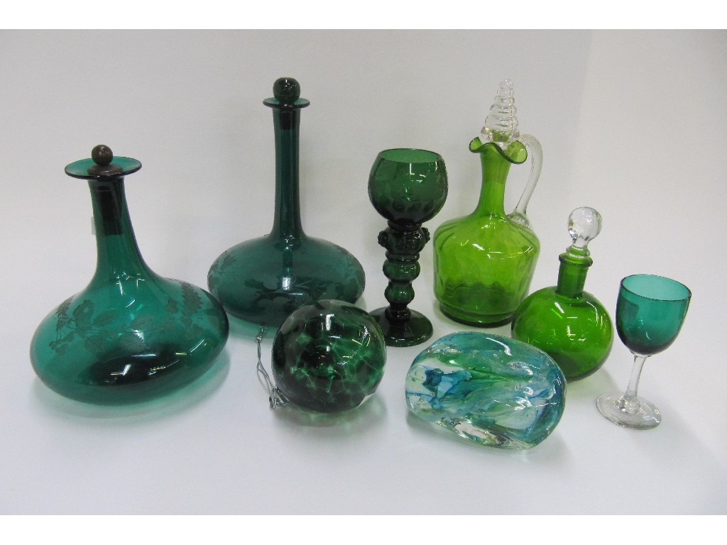 Appraisal: Eight pieces of green glass to include engraved hock glass