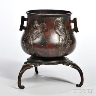 Appraisal: Two-eared Bronze Censer and Tripod Stand Japan th century the