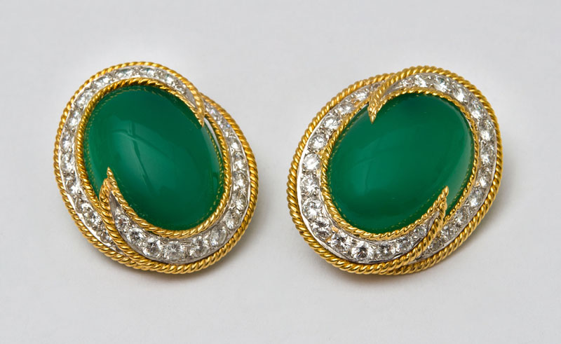 Appraisal: PAIR OF WEBB K GOLD PLATINUM DYED GREEN CHALCEDONY AND