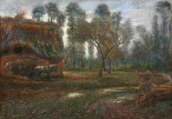 Appraisal: CONTINENTAL SCHOOL th th century BARBIZON LANDSCAPE WITH HAY WAGON