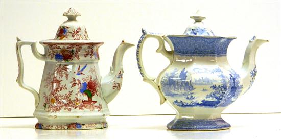 Appraisal: Staffordshire two transfer-ware teapots '' h blue with chips on