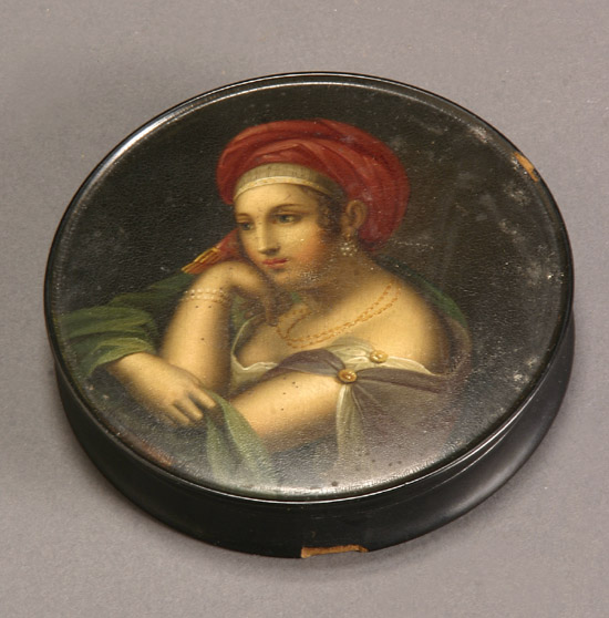 Appraisal: German Painted Black Lacquered Papier-M ch Tobacco Box of Dido