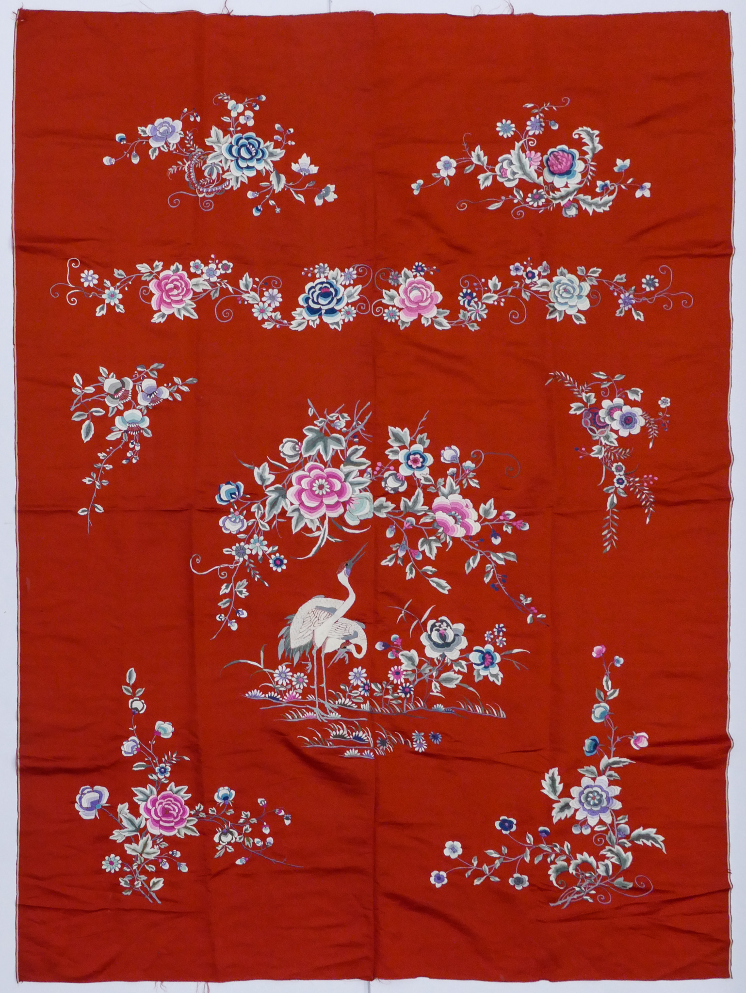 Appraisal: Chinese Republic Red Silk Embroidered Panel ''x '' Deep coral