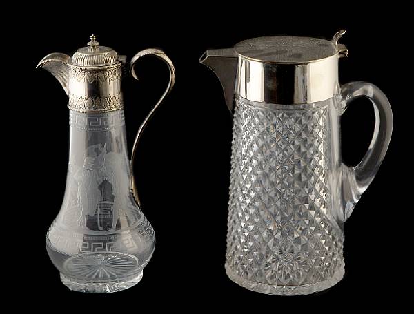 Appraisal: A collection of glass and silverplate claret jugs height of