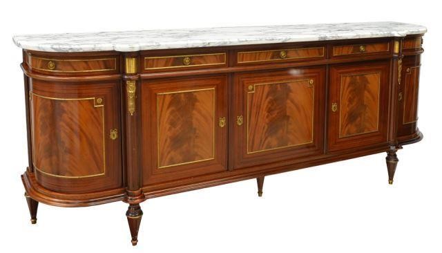 Appraisal: French Louis XVI style marble-top mahogany sideboard NF Meuble mid