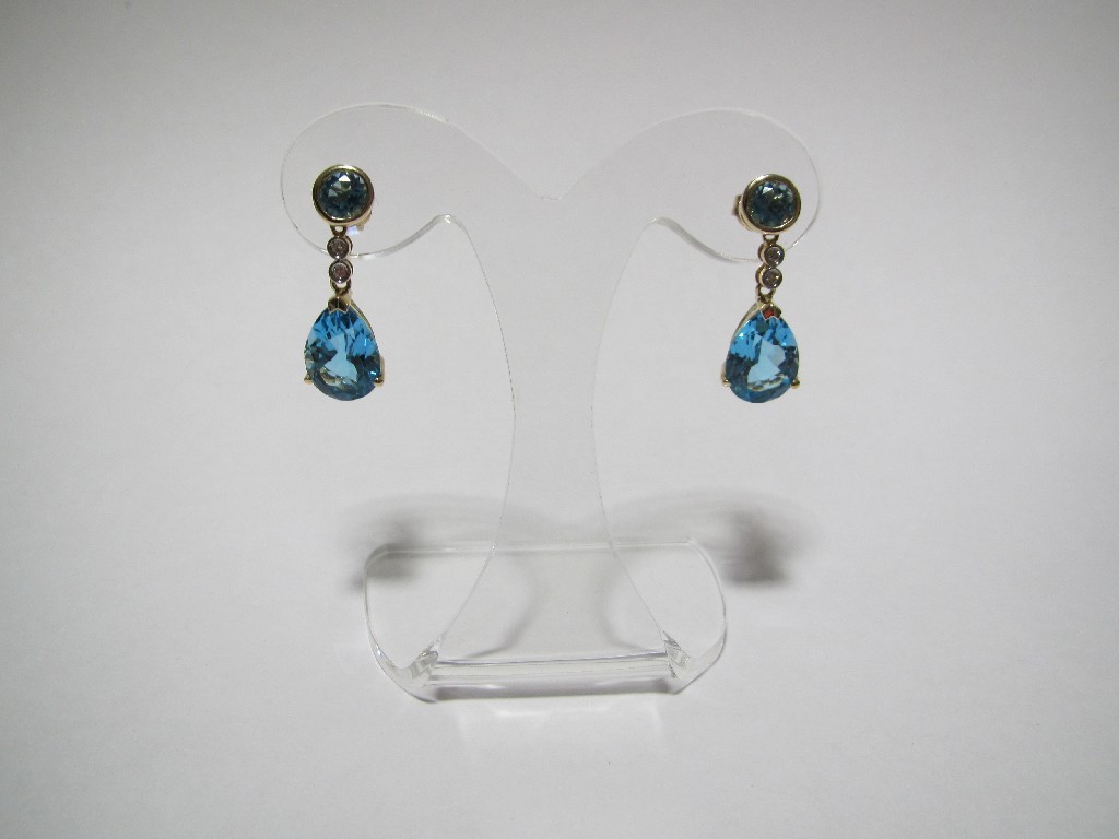 Appraisal: Pair of ct gold mounted blue topaz and diamond drop