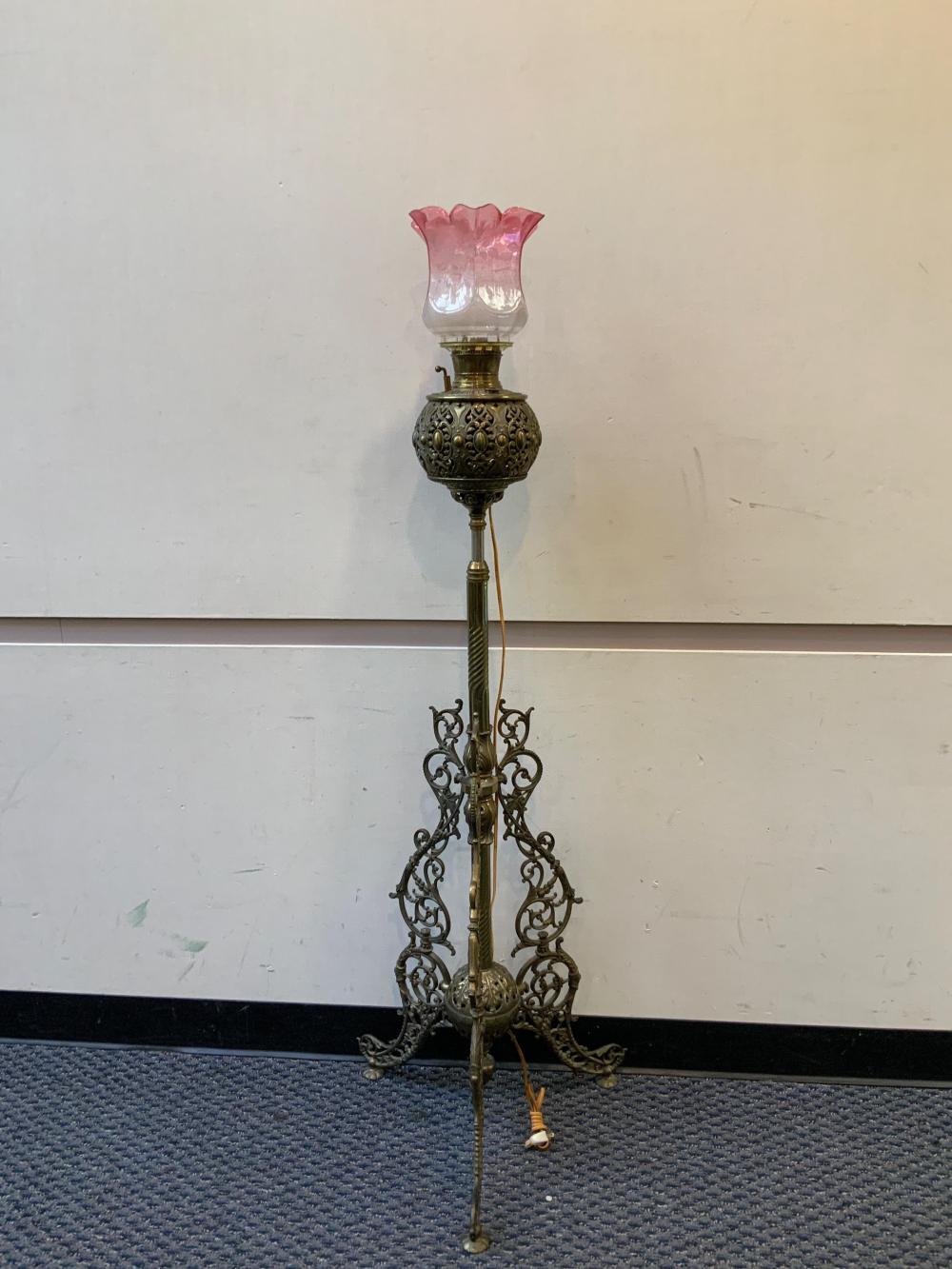 Appraisal: VICTORIAN BRASS AND ETCHED GLASS SHADE FLOOR LAMP H OVERALL