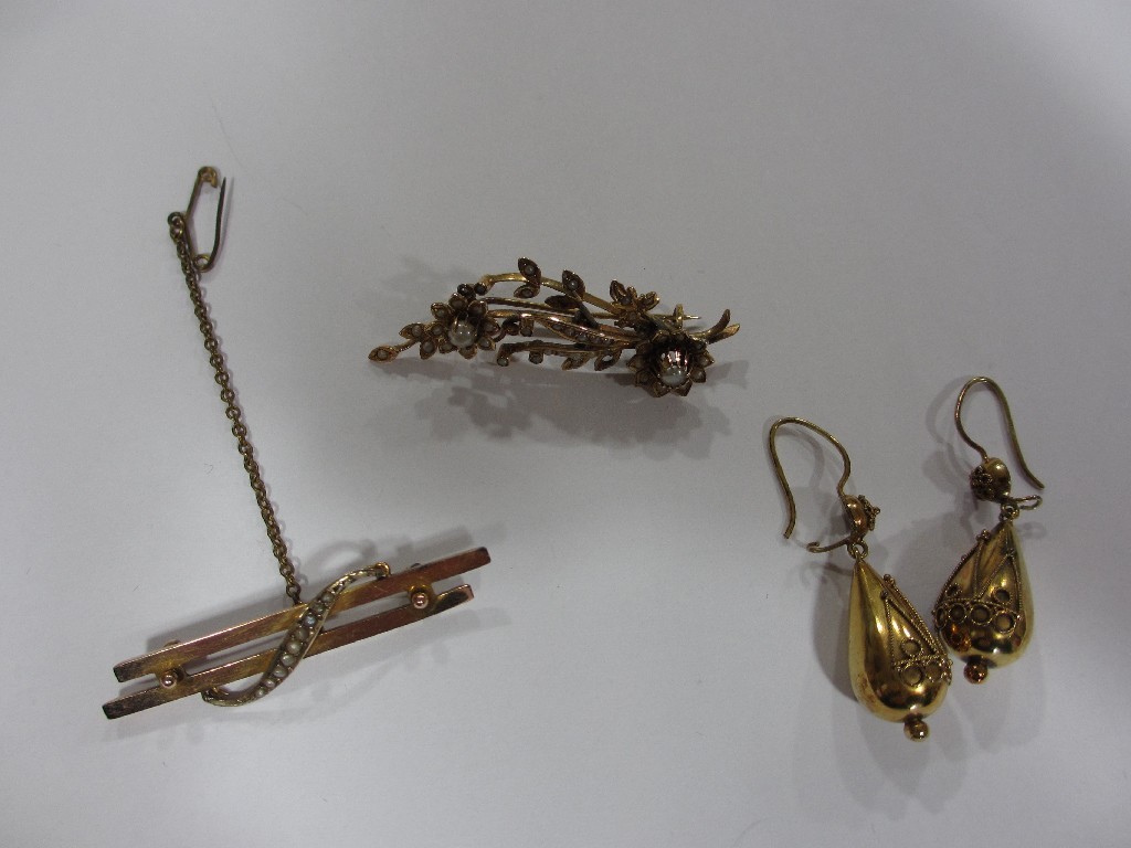 Appraisal: Lot comprising a two ct gold seed pearl set brooches