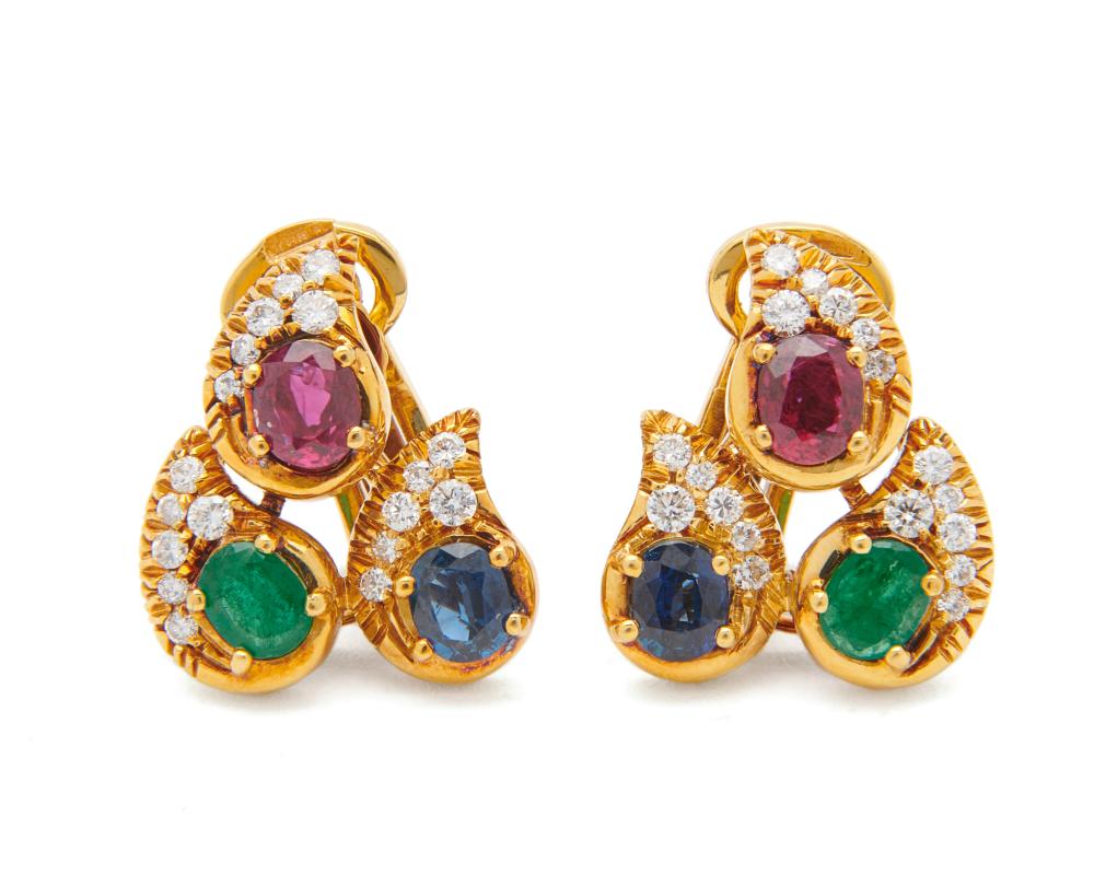 Appraisal: K Gold Ruby Sapphire Emerald and Diamond Earclips the three