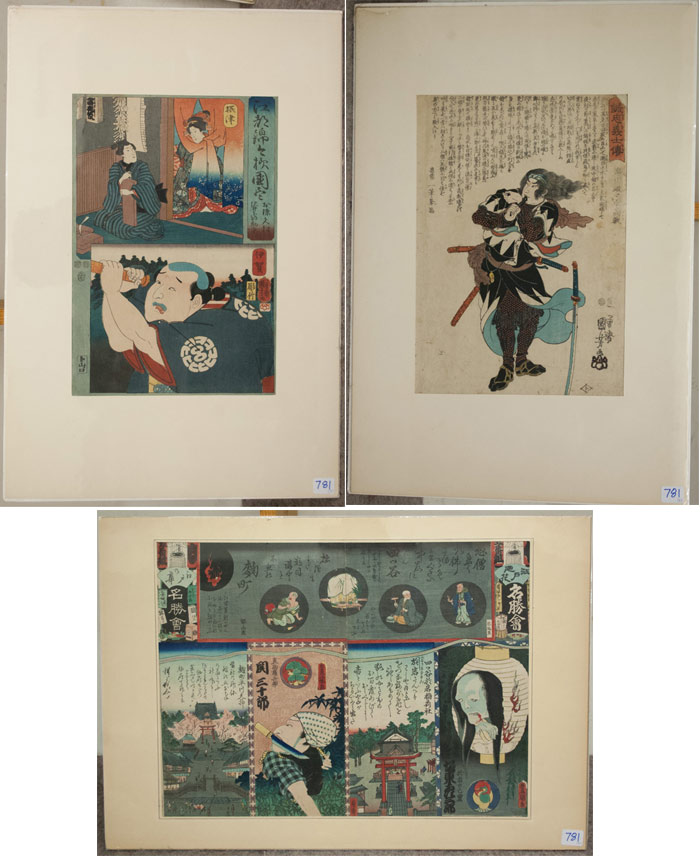 Appraisal: THREE JAPANESE WOODCUTS Actors by Toyokuni III - a samurai