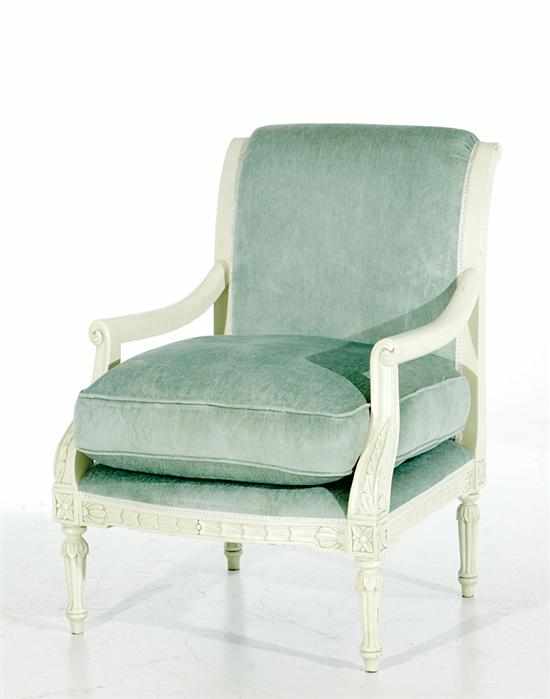 Appraisal: Louis XVI style painted armchair vertical stiles supporting upholstered back