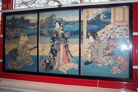 Appraisal: KunisadaThree Actorssignedthree Japanese coloured woodcuts framed as one cm x