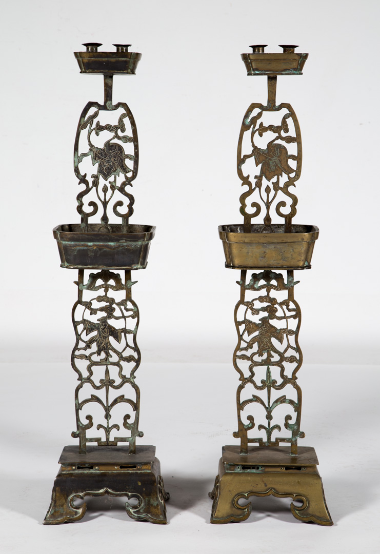 Appraisal: Pair Chinese brass temple lights th century two-light top reticulated