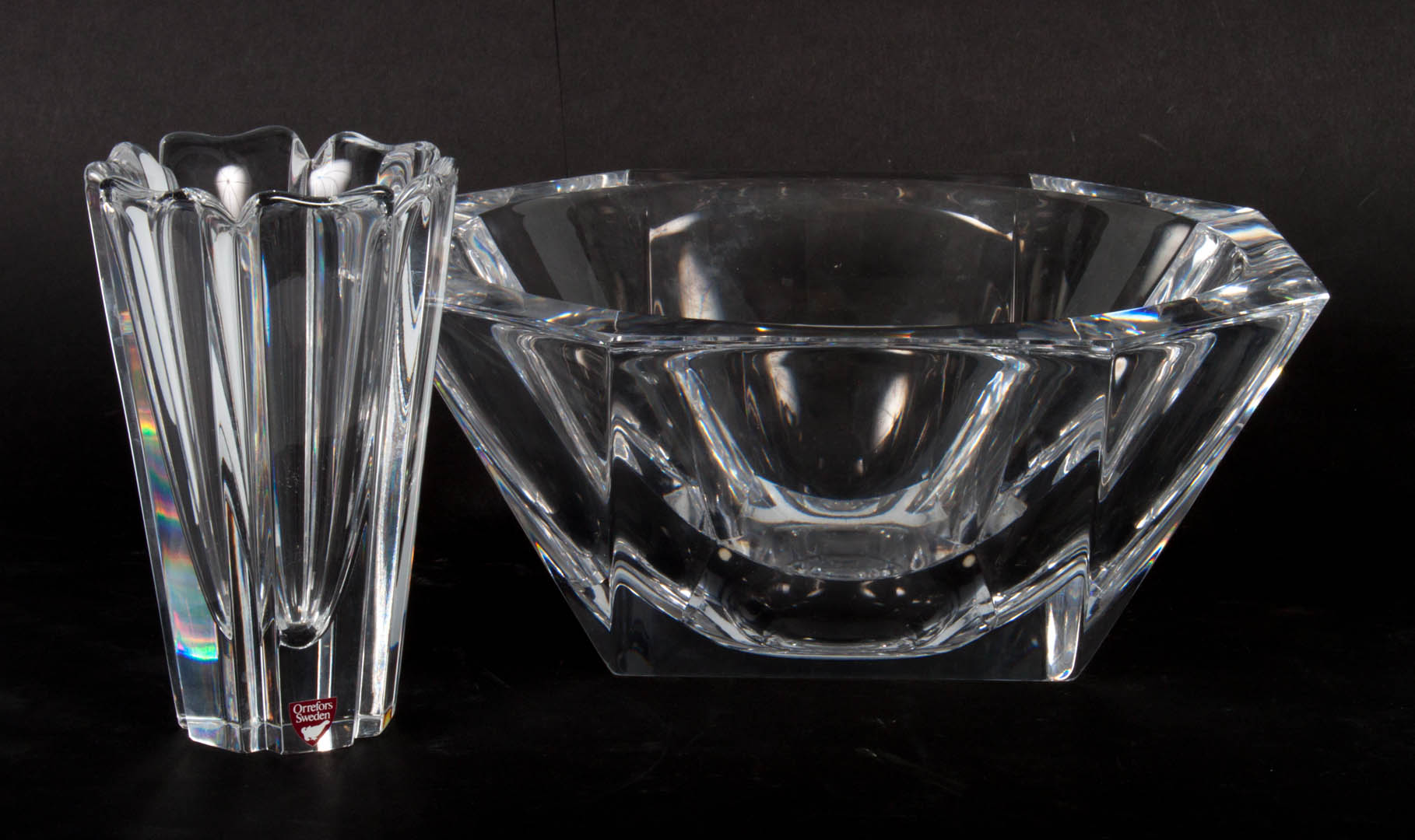 Appraisal: Orrefors crystal bowl and vase large octagonal bowl inscribed Orrefors