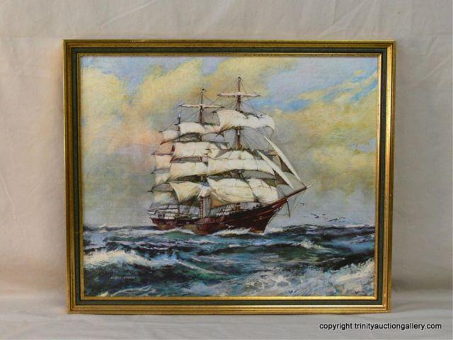 Appraisal: Nunez Segura Sailing Ship Seascape Print on Board - Appears