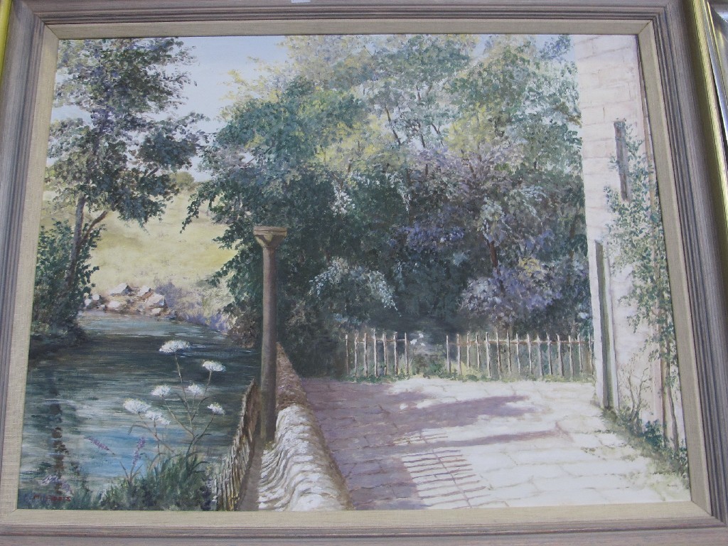 Appraisal: MOLLY ADDIS Acrylic on canvas 'Yard by the River' signed