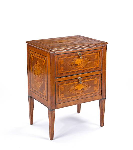 Appraisal: An Italian Neoclassical marquetry and walnut commodino partially constructed of