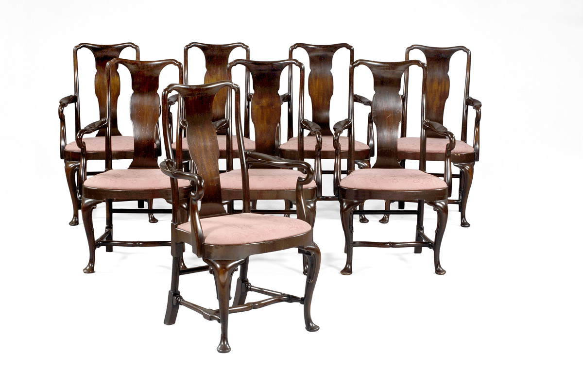 Appraisal: SET OF EIGHT ENGLISH QUEEN ANNE STYLE MAHOGANY ARMCHAIRS