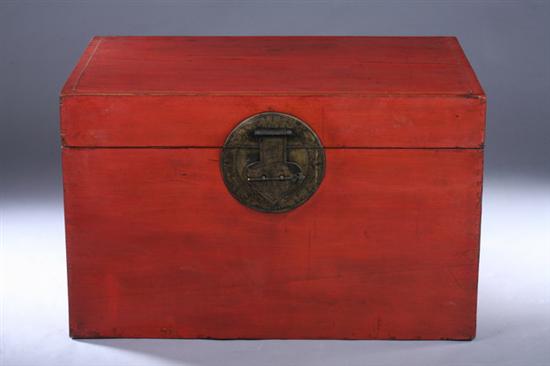 Appraisal: CHINESE RED LACQUERED CYPRESS TRUNK Qing Dynasty circa Zhejiang Province