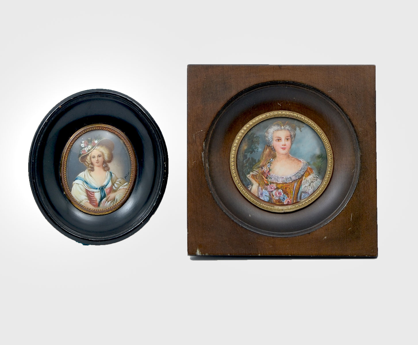 Appraisal: TWO MINIATURE PAINTINGS OF FEMALE BEAUTIES Regal Woman in Fancy