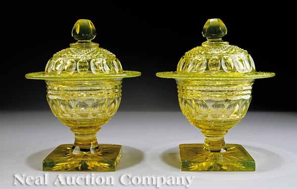 Appraisal: A Pair of Antique Cut and Faceted Canary Glass Lidded