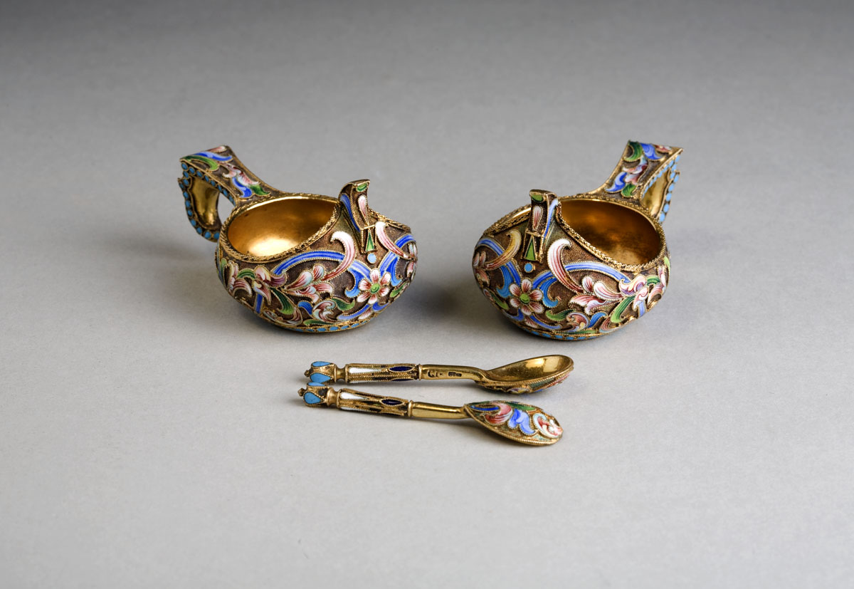 Appraisal: PAIR OF RUSSIAN SILVER-GILT AND SHADED ENAMEL SMALL KOVSHI AND