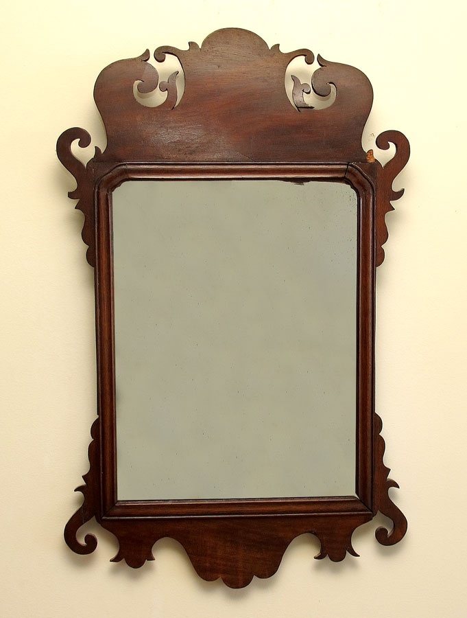 Appraisal: DIMINUTIVE CHIPPENDALE WALL MIRROR Carved open scroll work frame ''