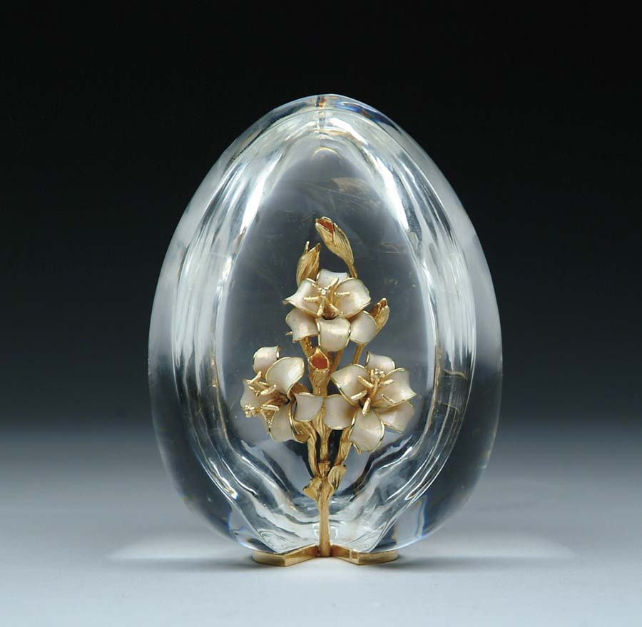 Appraisal: STEUBEN LILIES SCULPTURE Wonderful crystal sculpture depicts egg sliced open