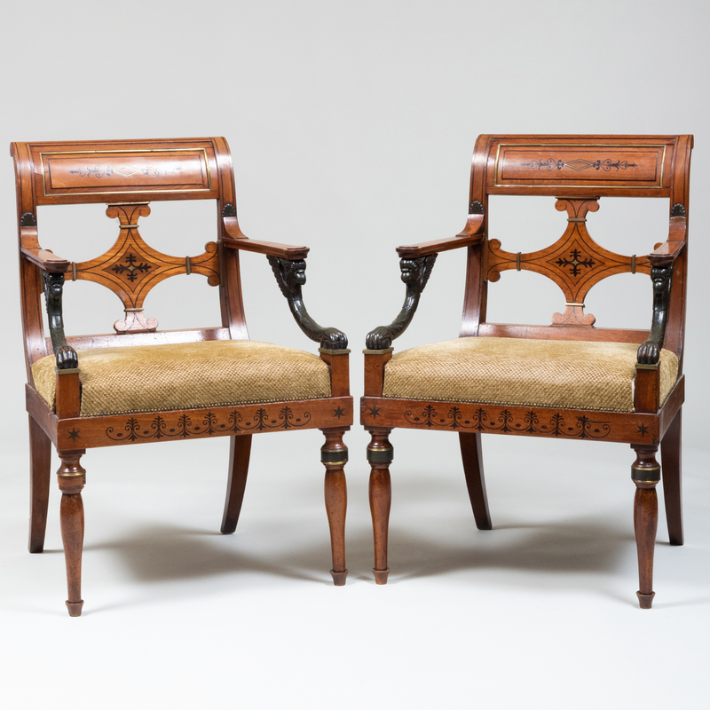 Appraisal: PAIR OF UNUSUAL NORTH EUROPEAN NEOCLASSICAL BRASS-MOUNTED EBONY INLAID MAHOGANY