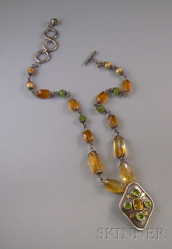 Appraisal: Sterling Silver and Gemstone Necklace terminating in a gem-set pendant