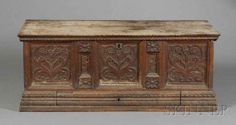 Appraisal: Jacobean Carved Walnut Blanket Chest composed of antique elements rectangular