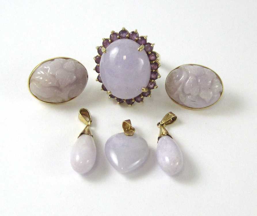 Appraisal: SIX-PIECE LAVENDER JADE AND FOURTEEN KARAT YELLOW GOLD JEWELRY GROUP