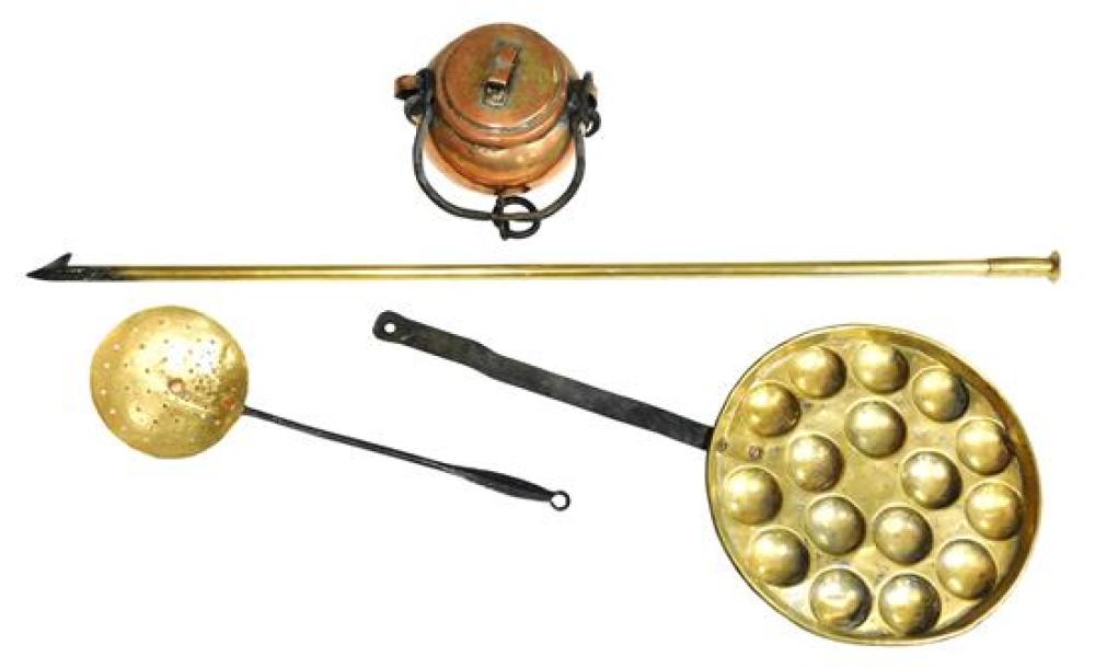 Appraisal: Brass and copper fireplace cooking tools four pieces brass blow