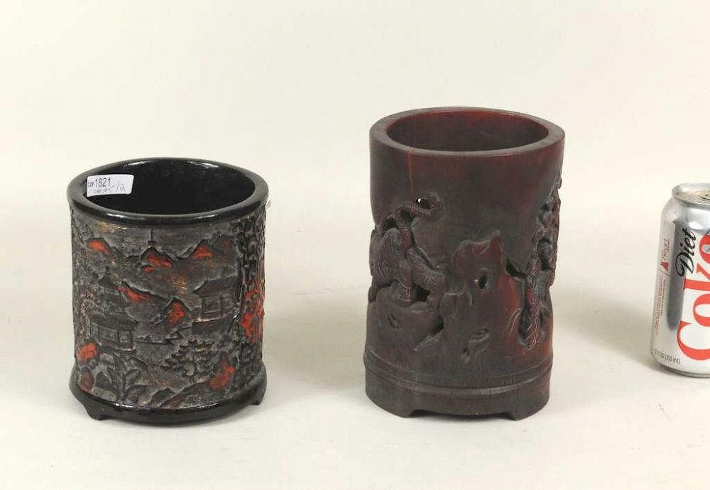 Appraisal: Two Asian Brush Pots Two Asian brush pots comprising a