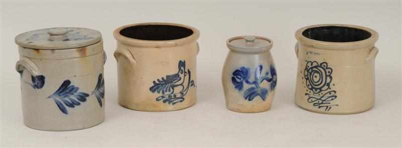 Appraisal: THREE STONEWARE CROCKS AND A POT AND COVER One impressed