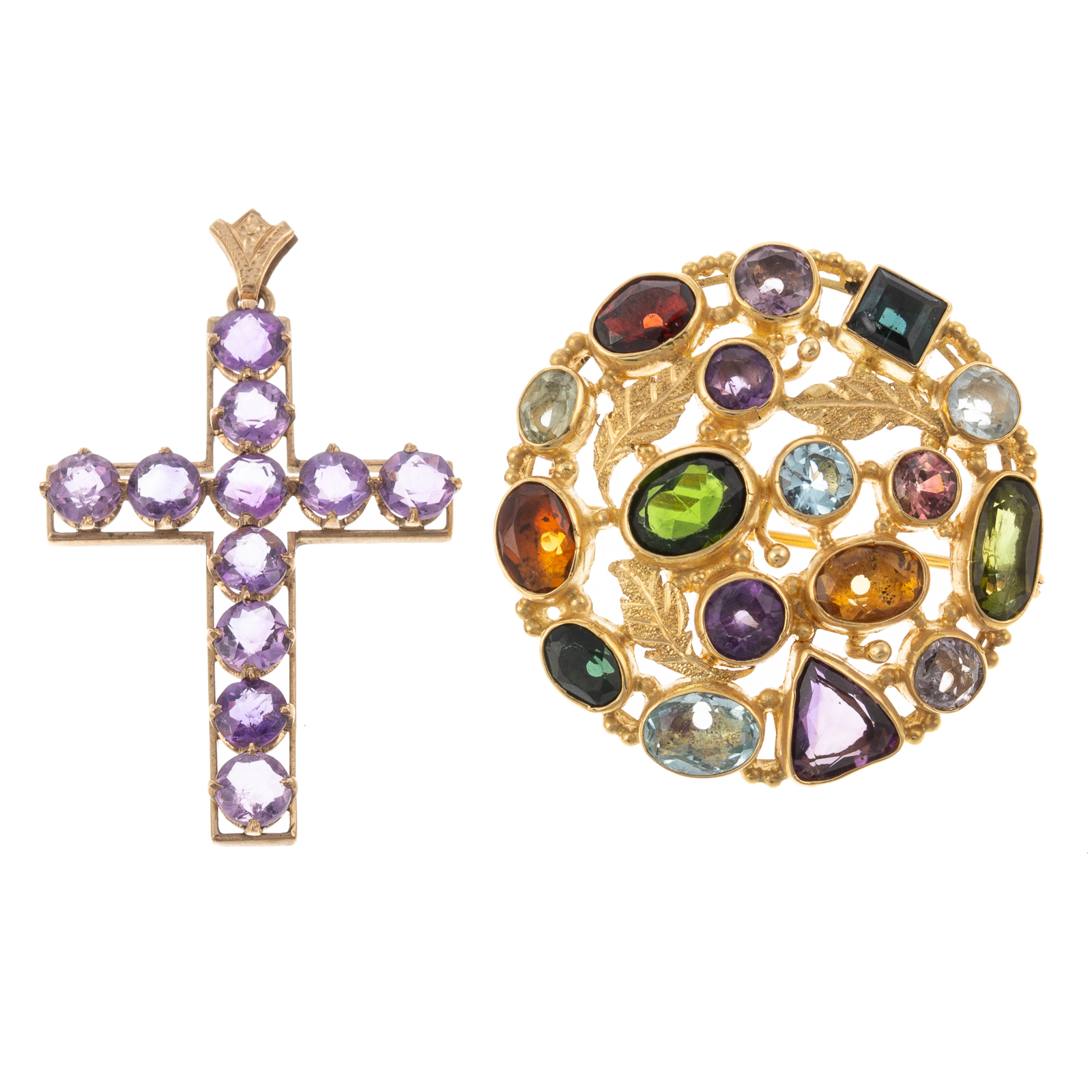 Appraisal: AN K MULTI-GEMSTONE PIN K AMETHYST CROSS K yellow gold