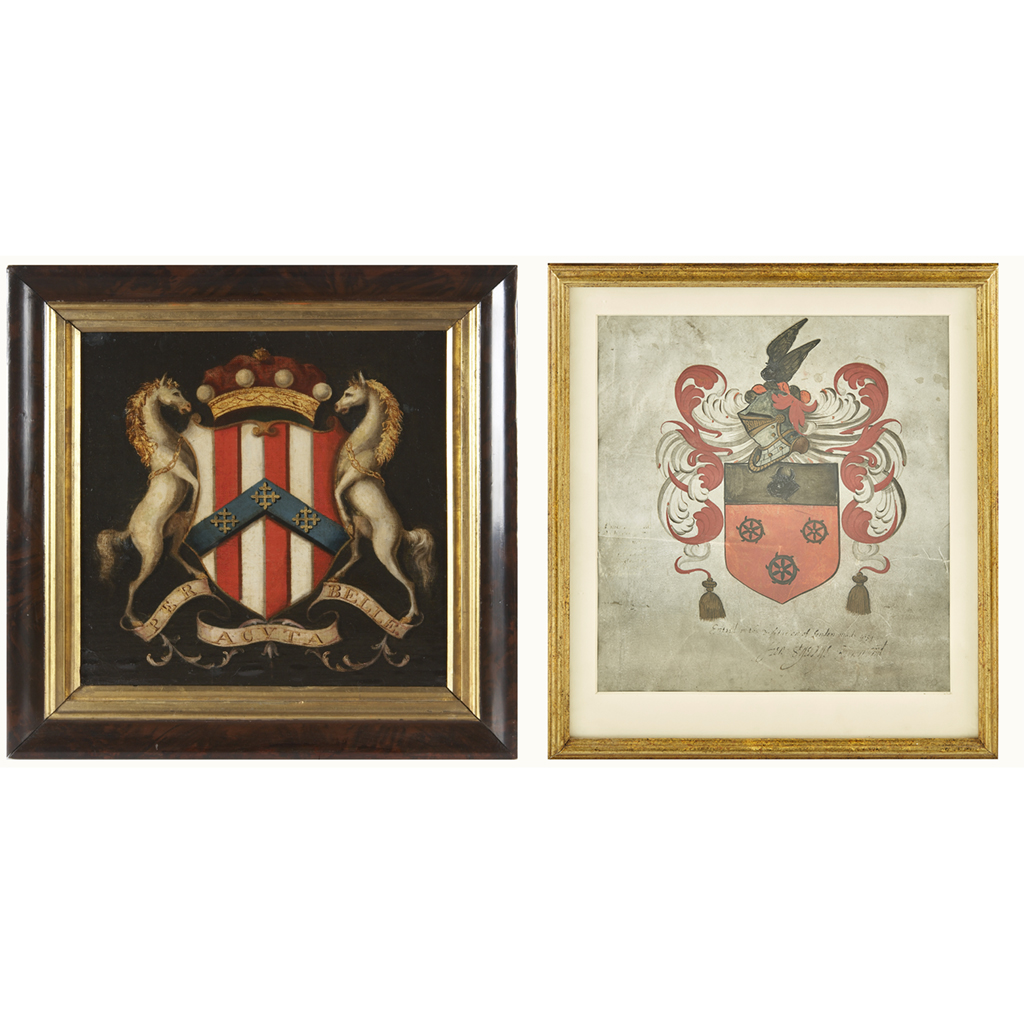 Appraisal: PAINTED COAT OF ARMS oil on canvas laid down on