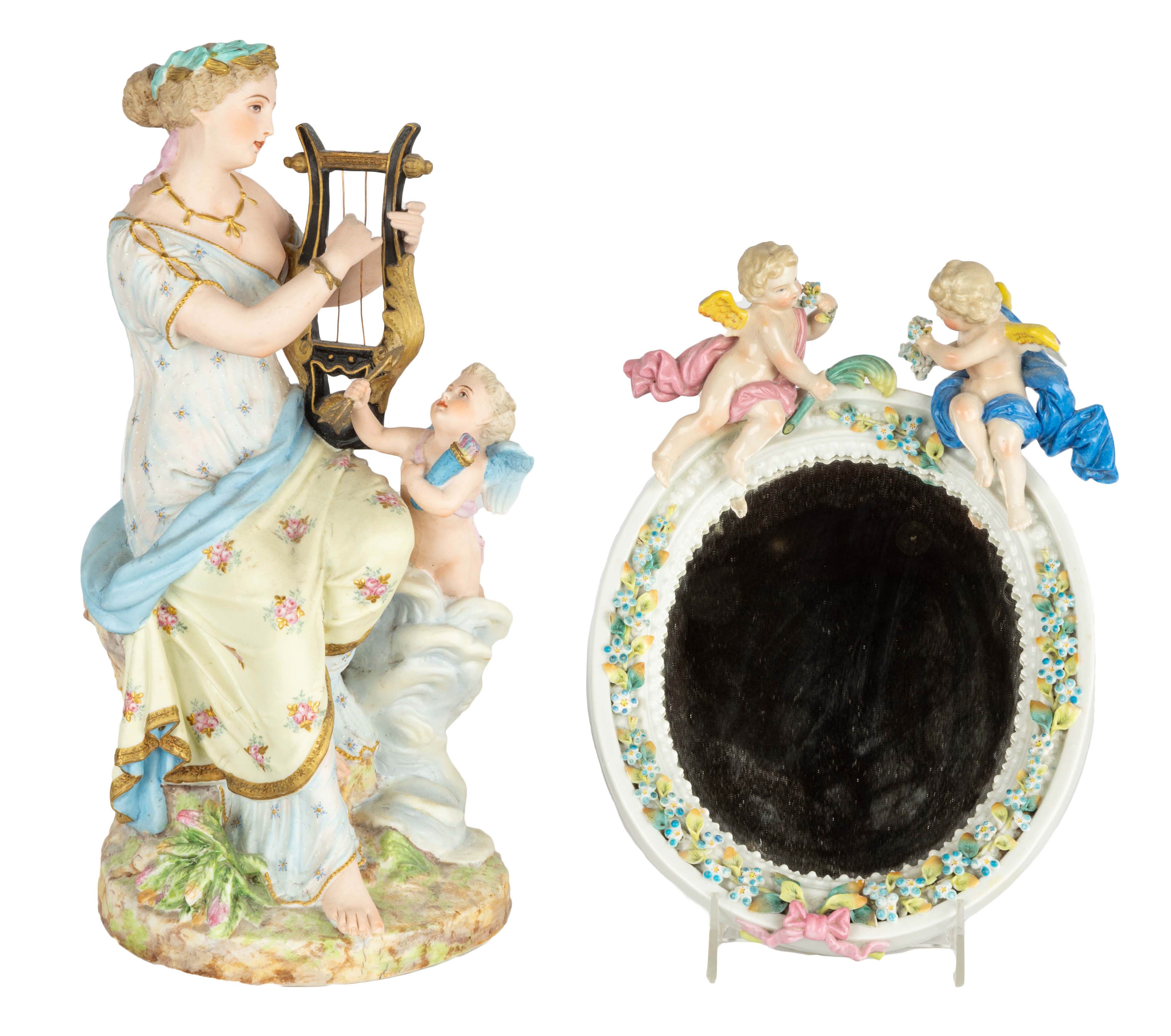 Appraisal: BISQUE LADY WITH HARP AND CHERUBS WITH PORCELAIN MIRROR circa