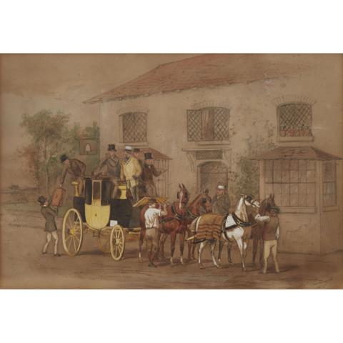 Appraisal: William Henry Wheelwright - LOADING THE COACH British Watercolour heightened