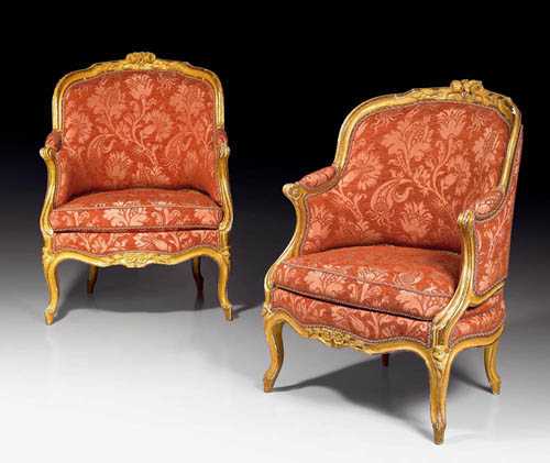 Appraisal: PAIR OF LARGE BERGERES Louis XV stamped G IACOB Georges